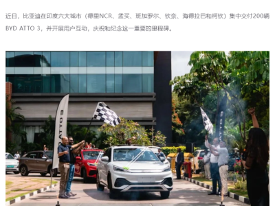 比亚迪汽车在印度六城交付200辆ATTO 3纯电SUV